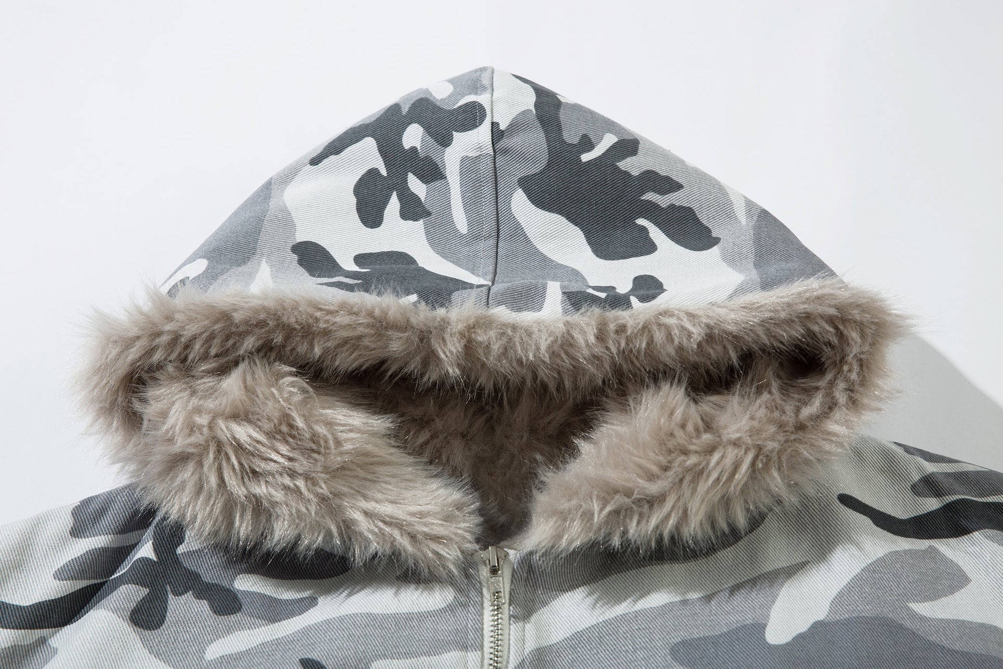 GREY CAMO FUR HOODED JACKET