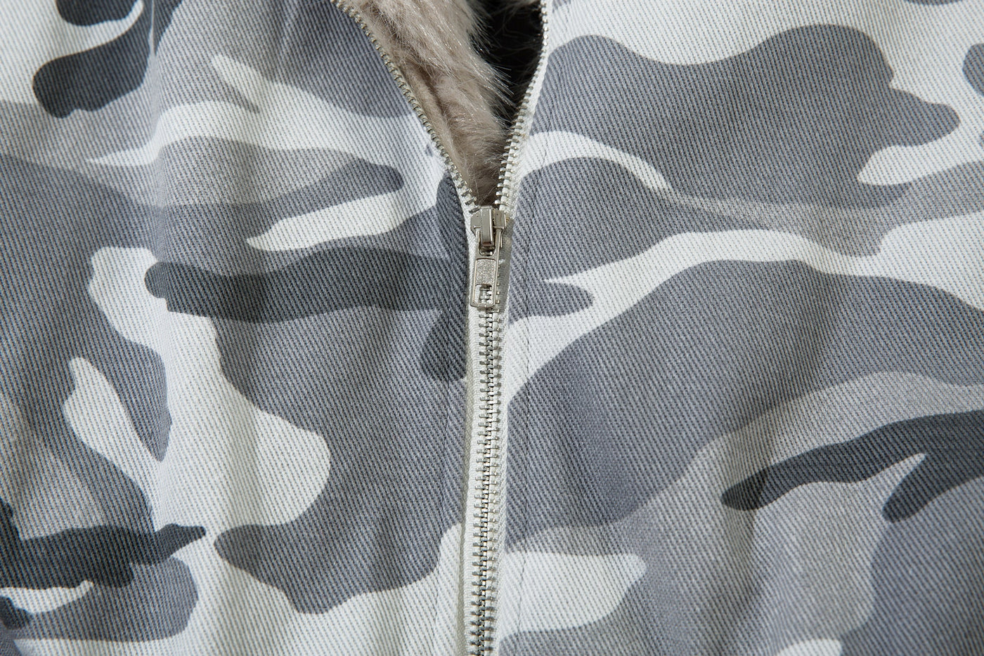 GREY CAMO FUR HOODED JACKET