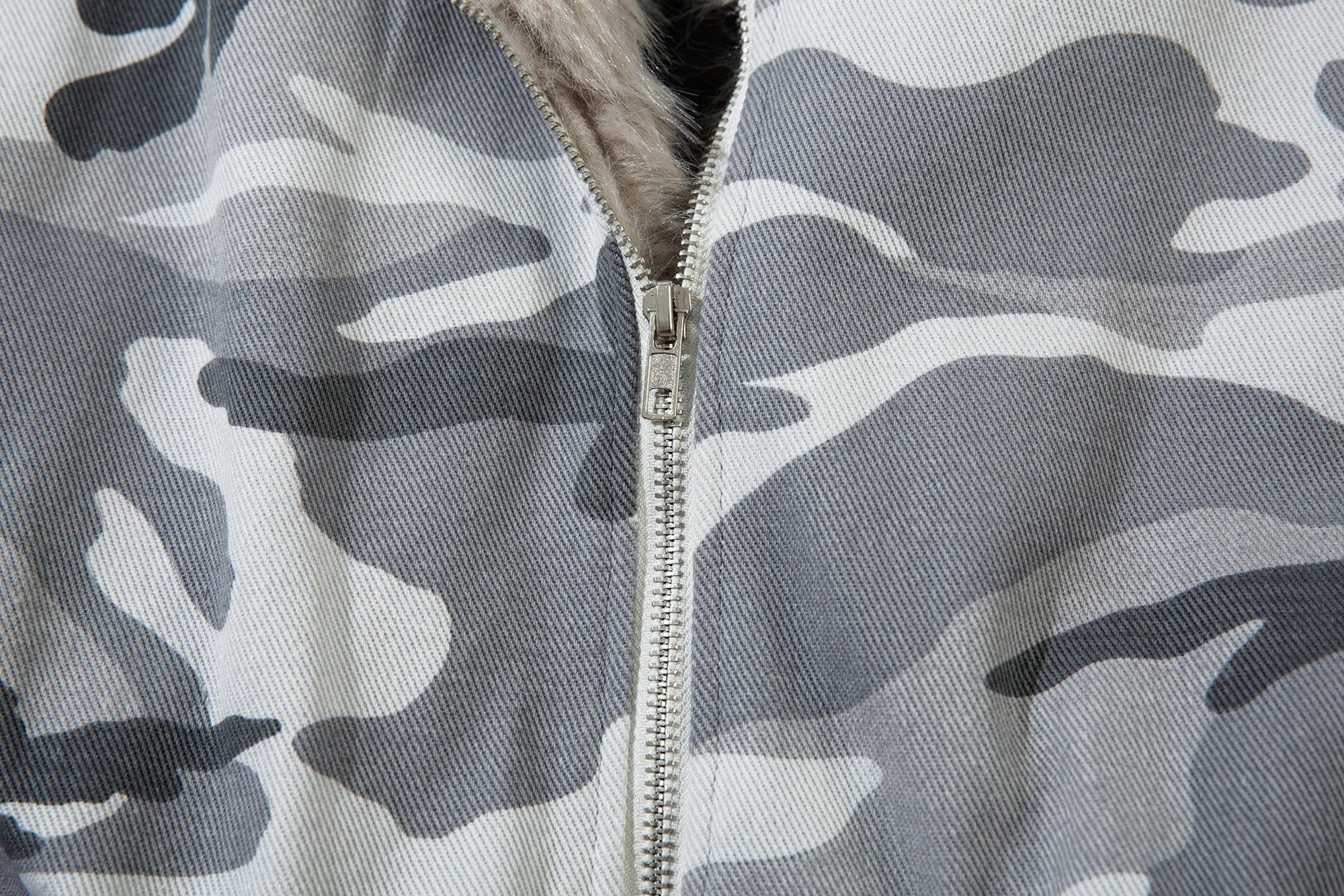 GREY CAMO FUR HOODED JACKET