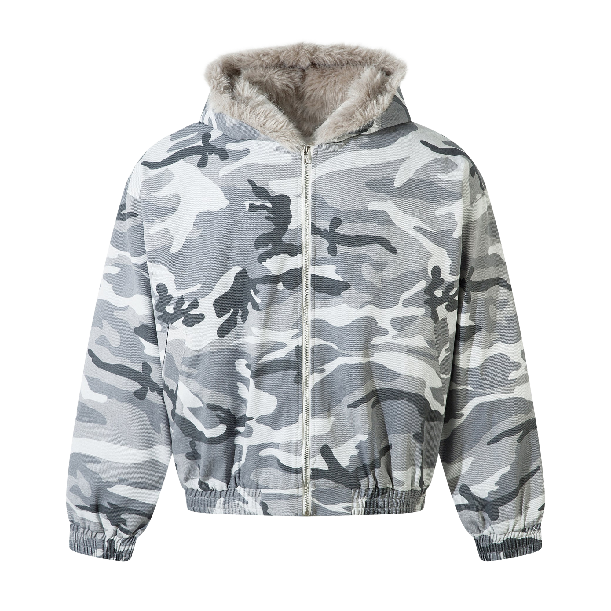 GREY CAMO FUR HOODED JACKET