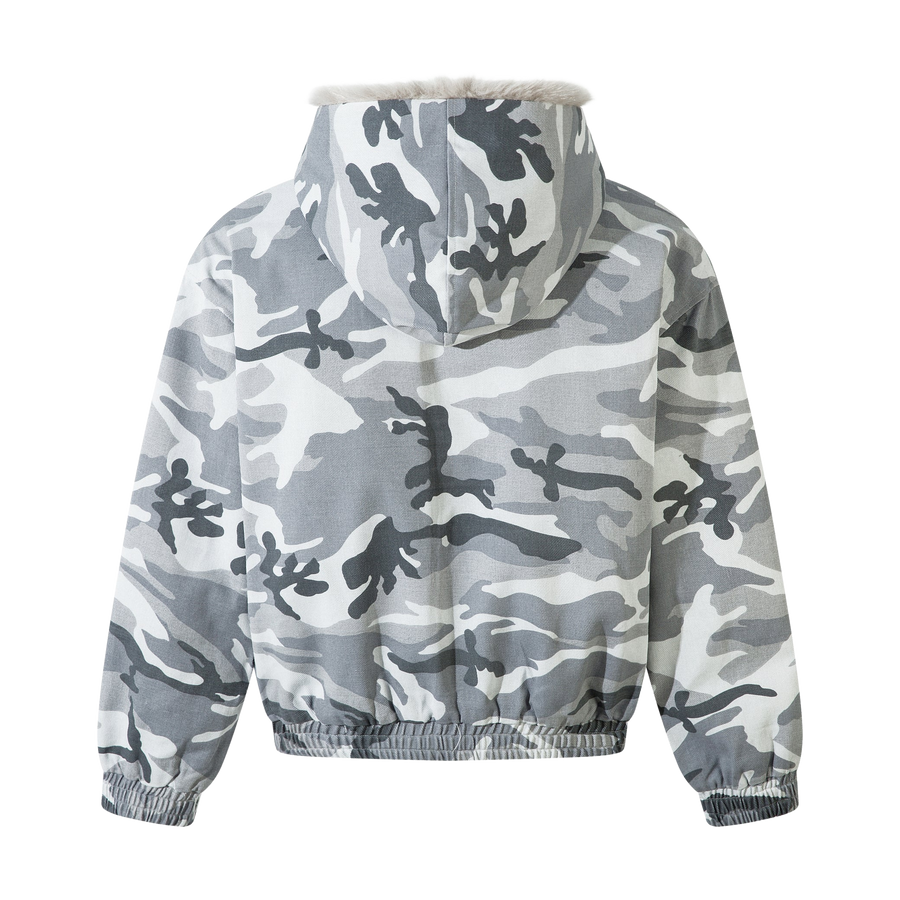 GREY CAMO FUR HOODED JACKET